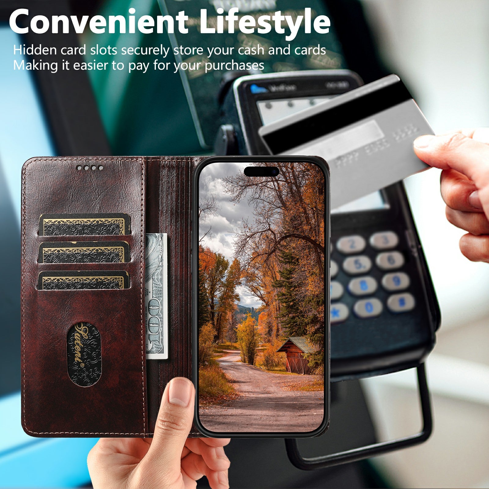 SUTENI For iPhone 17 Pro Max Case PU Leather Stand Wallet Phone Cover Brown SUTENI For iPhone 17 Pro Max Case PU Leather Stand Wallet Phone Cover Brown